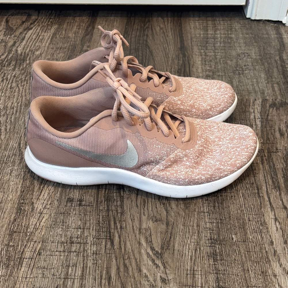 Nike Women's Blush Pink Knit Training Sneakers with Silver Swoosh